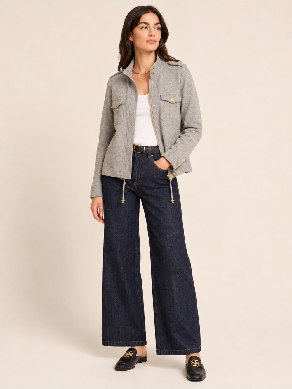 Tory Burch Light Gray Military Knit Utility Jacket Gold Buttons M